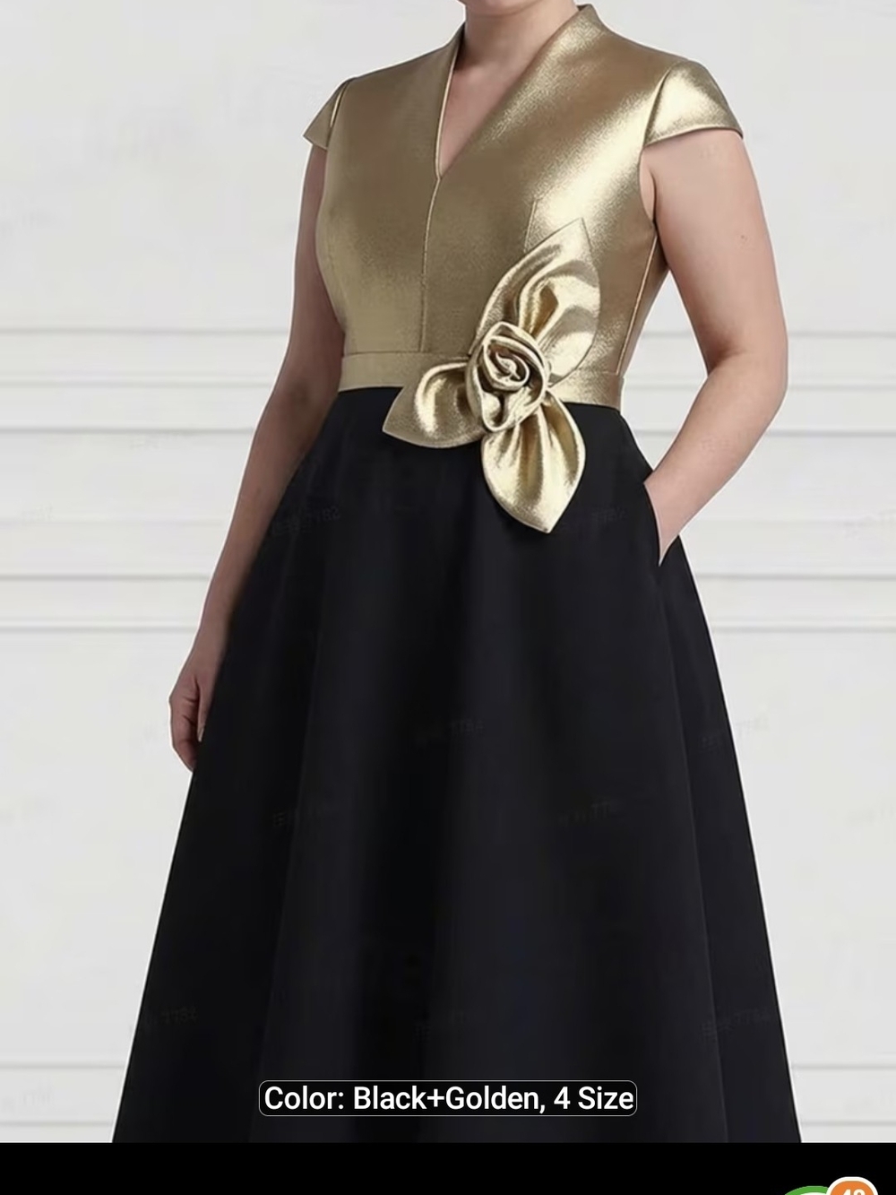 Gold and Black V-Neck Floral Waist Evening Dress